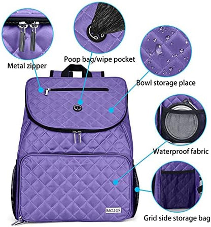 BAGLHER Dog Travel Bag Airline Approved Pet Supplies Backpack, Dog Travel Backpack with 2 Silicone Collapsible Bowls and 2 Food Baskets Purple