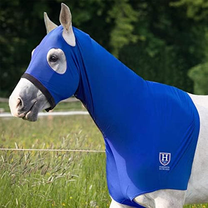 Harrison Howard Horse Stretch Hood Without Ears Snug Fitting Hood with Zip Closure Covers Face, Shoulders, Mane, Chest and Withers Perfect for Show/Event Preparation - Blue