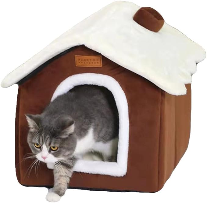 Christmas Cat Bed for Indoor Cats Plaid Xmas Cat Tent Cats Bed Cave for Pets Kittens and Dogs (Coffee, S(15.7 X 12.6 X 13.8 Inch))