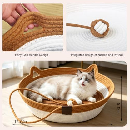 2-in-1 Cat Bed with Scratch Pad, Cotton Rope Woven, Round, Removable Breathable Cooling Pad, Odorless Anti-Static