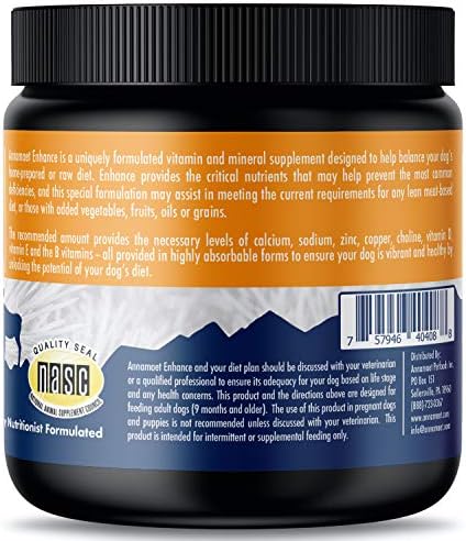 Annamaet Enhance Vitamin and Mineral Supplement for Raw and Home Cook Meals for Dogs, 8.5-oz jar,Off White