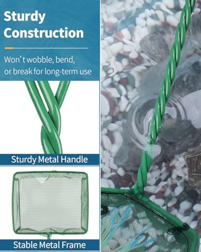 Pawfly Aquarium Fish Net with Braided Metal Handle Square Net with Soft Fine Mesh Sludge Food Residue Wastes Skimming Cleaning Net for Fish Tanks Small Koi Ponds and Pools