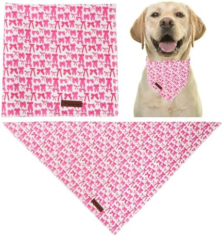 Pink Bow Dog Bandana, Rose Pink Bowtie Puppy Bandana for Girl Female Dogs, Soft Cotton Pet Triangle Bid Scarf Kerchief for Girl Boy Dogs or Cats