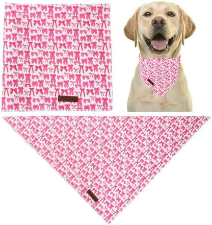 Pink Bow Dog Bandana, Rose Pink Bowtie Puppy Bandana for Girl Female Dogs, Soft Cotton Pet Triangle Bid Scarf Kerchief for Girl Boy Dogs or Cats
