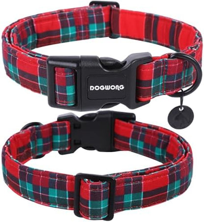 DOGWONG Christmas Cotton Dog Collar, Red Green Tartan Christmas Dog Collar Durable Soft Fabric Pet Dog Collars Cute Red Green Plaid Necklace for Small Mediu Dogs