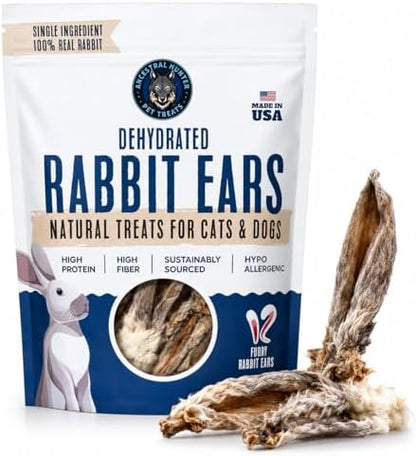 Dehydrated Rabbit Ears for Dogs & Cats - Single Ingredient Dog Treats - USA Sourced Whole Rabbit Ears with Fur for Dogs - Rawhide Alternative - Made in USA (12 Count)