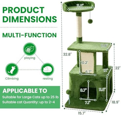 32.8inch Small Cat Tree Tower Condo for Indoor Cats, Soft Plush Multi-Level Climbing Tree Cat House with Cat Cave, Scratching Post, Sisal Rope, Green