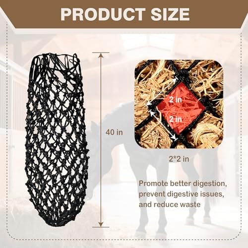 2PCS Slow Feeder Hay Nets Feed Bag for Horses, Extra Thick 40" Slow Feed Hay Net with 2" Holes Hanging Bags for Goat and Livestock Supplies (Black