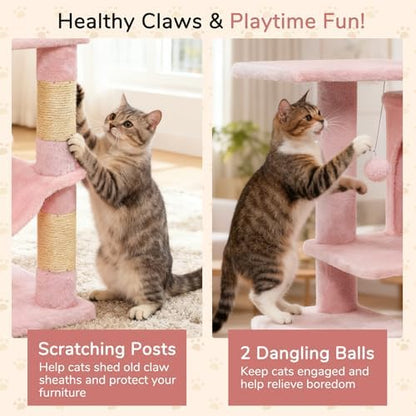 DORTALA Cat Tree for Indoor Cats, 44" Modern Cat Tower with Top Perch, Condo, Hammock, Sisal Scratching Posts, Dangling Balls, Platforms, Multi-Level Pet Climbing Furniture Playground (Pink)