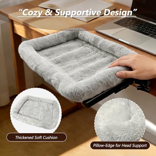 Extra Large Cat Desk Bed 21"x17", One-Click Folding Cat Hammock for Desk, Heavy Duty Holds 40 lbs, Fits 0.4"-3" Desktops, Washable Faux Fur - Gray