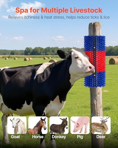 VEVOR Livestock Scratching Brush, 2PCS Goat Scratcher Brush Post with 8 Screws, 16.9" x 7.5" Cow Scratcher for Back Itch Relief, Massage Grooming Scratch Tool for Horse Cattle Sheep Pig, Blue & Red