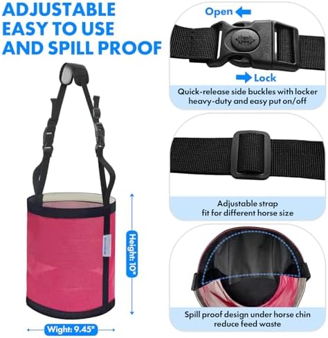 Horse Feed Bag Pack of 2 (Reinforced Bottom Edging), Feed Bags for Horses with Ventilation Mesh, Comfort Nose Pad Neck Pad, Adjustable Strap, Spill Proof Design for Feeding Grain, Supplements