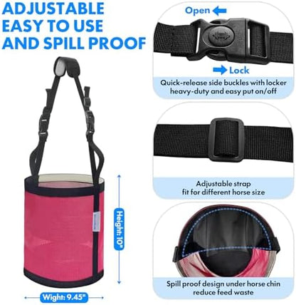 Horse Feed Bag Pack of 2 (Reinforced Bottom Edging), Feed Bags for Horses with Ventilation Mesh, Comfort Nose Pad Neck Pad, Adjustable Strap, Spill Proof Design for Feeding Grain, Supplements
