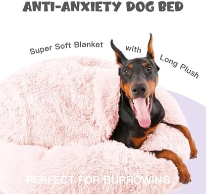 Himax 35in Covered Large Dog Bed with Blanket Attached Calming Burrow Pink