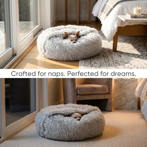 Himax Small Cat & Dog Bed with Cover, Calming Dog Bed for Small Dogs,Anti-Anxiety Donut Dog Bed with Attached Blanket,Washable Round Fluffy Pet Bed (20"/26"/35"), Light Grey