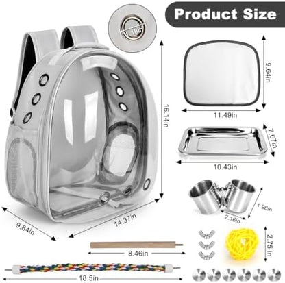 Bird Travel Carrier, Bird Backpack Cage with Rope & Wood Perches Tray Food Bowl, Portable Clear Bubble Window Breathable Mesh Bag for Small Medium Parrots Cockatiel Parakeet Budgies Conures Lovebirds