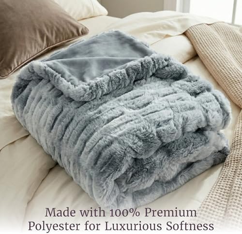 Lavish Home Oversized Ruched Faux Fur Blanket - 60x80-Inch Plush Polyester Faux Fur Queen-Size Throw for Sofas and Beds - Luxurious Bedding (Silver)