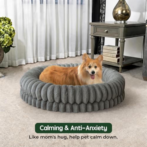 BALANCE Luxury Donut Dog Bed, 36 Inches Round Dog Beds Large Sized Dogs Washable, Orthopedic Calming Dogs Bed for Pets with Anti-Slip Bottom, Gray