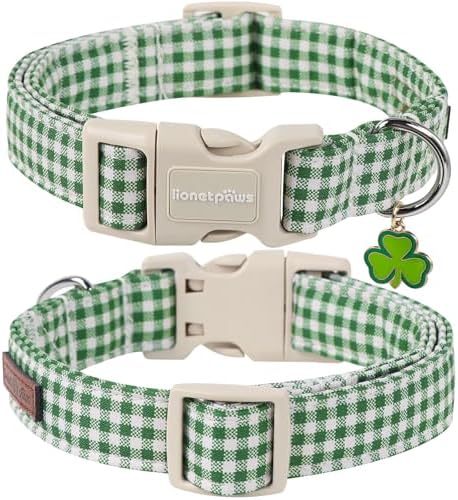 Lionet Paws St. Patrick Dog Collar, Comfortable Adjustable Green Collar with Green and White Grid Pattern for Medium Male Female Dogs Collars, Neck 13.5-22 inches
