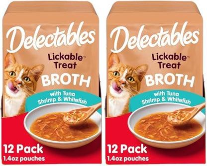 Delectables Lickable Treat Savory Broth Wet Cat Treat with Real Tuna & Shrimp, Food Topper, Hydrating, Grain-Free, No Fillers, No By-Products, No-Added Preservatives, 1.4oz Pouch (Pack of 24)