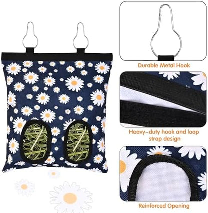 Upgraded Rabbits Hay Feeder Bag for Bunny, Guinea Pigs, Chinchillas - Hanging Washable 2-Hole Hay Dispenser with 600D Oxford Fabric, Small Animal Cage Accessories (Blue Daisy)