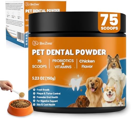 Dog Teeth Cleaning Powder - Plaque & Tartar Control, Breath Fresheners with Natural Seaweed, Probiotics, Vitamins, Turmeric & Enzymes for All Dogs & Cats (Chicken Flavor, 75 Scoops)