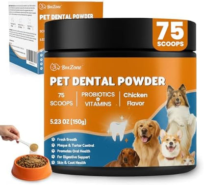 Dog Teeth Cleaning Powder - Plaque & Tartar Control, Breath Fresheners with Natural Seaweed, Probiotics, Vitamins, Turmeric & Enzymes for All Dogs & Cats (Chicken Flavor, 75 Scoops)