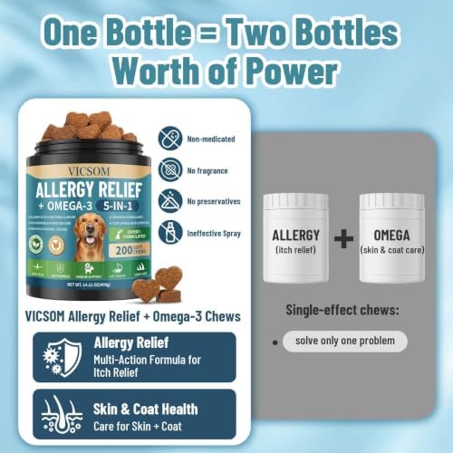 Dog Allergy Chews with Human-Grade Omega 3, Itch Relief Multivitamin 200ct