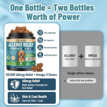 Dog Allergy Chews with Human-Grade Omega 3, Itch Relief Multivitamin 200ct