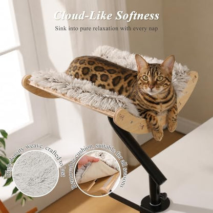 PEQULTI Desk Cat Bed, 360° Rotating Clamp-On Cat Hammock, Wood, Beige