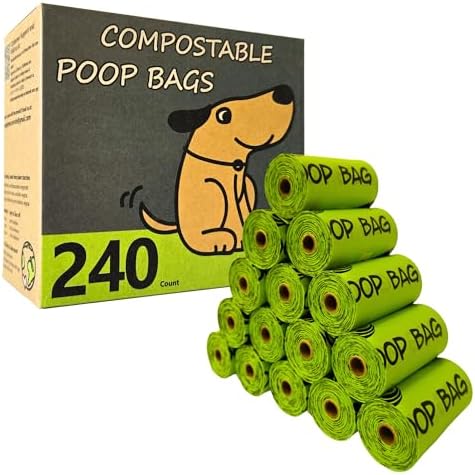 Certified Compostable Dog Poop Bag Rolls, Landfill friendly Doggie Poop Bags, Vegetable-Based, ASTM D6400, Unscented, Extra Thick, Leak Proof, Size 9 x 13 Inches, Refills 240 Counts