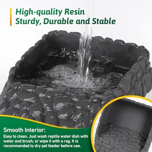 Reptile Water Dish Large Bearded Dragon Food Bowl, Rock Corner Water Dish for Reptiles Snake Water Bowl Feeding for Leopard Gecko Tortoise Lizard Tank Accessories, Terrarium Reptile Pool with Ramp
