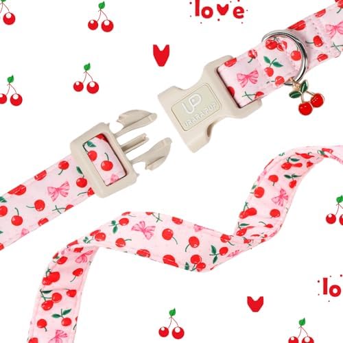 Spring Dog Collar, UP URARA PUP Strawberry Collars in Pink Checkered Adjustable Pet Collar with Quick Release, Daily Dog Accessories for Small Medium Large Dogs