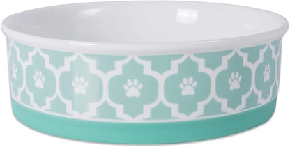 Bone Dry Paw Print Ceramic Pet Bowl, Lattice Collection, Large Set, 7.5x2.4", Aqua, 2 Count