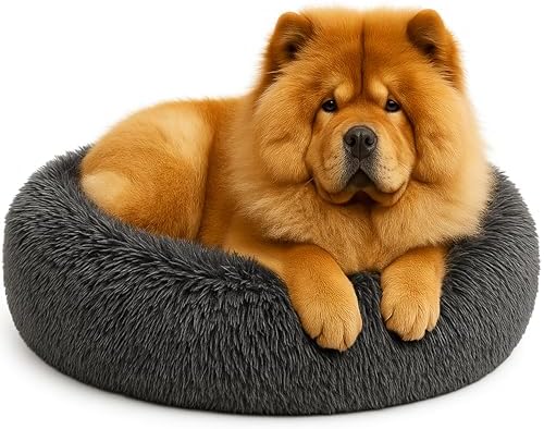 Calming Dog Bed - Fluffy Donut Cuddler for Anxiety Relief, Orthopedic Pet Bed with Non-Slip Bottom, Cozy Round Faux Fur Nest for Dogs and Cats, Plush Crate Mat for Comfort (Dark Grey, Large)