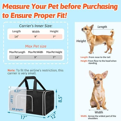 Petskd Small Pet Carrier 17"x12"x8.5" with Wheels Airline Approved, Black