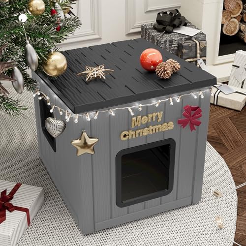 NUNU LAB Cat Litter Box Enclosure, Outdoor Cat House – Weatherproof & UV Resistant PP Material Shelter with Sloped Asphalt Roof, Durable Cat Condo for Garden, Patio, and Backyard (Black, Large)
