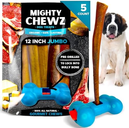 12" Jumbo Bully Sticks (5 Pack) with Bully Stick Safety Device - No Choking/All Natural Pizzle Sticks and Bully Stick Holder