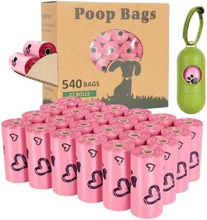 Pink Dog Poop Bags Rolls with Dispenser Leak Proof 540 Count Unscented