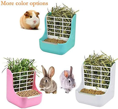 Rabbit Supplies with Bowl & Hay Feeder - Accessories for Bunnies & Guinea Pigs, 6x6x7 Inches (White)