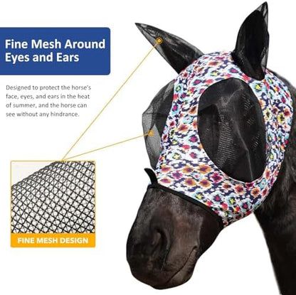 Harrison Howard Super Comfort Stretchy Fly Mask Large Eye Space with UV Protection Soft on Skin with Breathability Geo Feather L