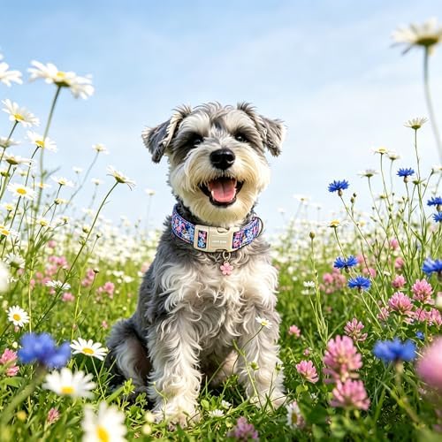 Lionet Paws Floral Dog Collar Summer Wildflowers Daisy Fleabane Collars with Pink Peach Pattern Pendant - Female Girl Dog Collar for Medium Large Dogs L