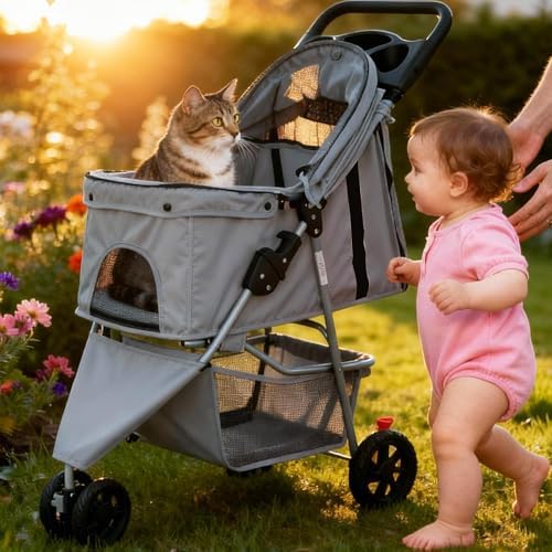 NEWBULIG Foldable 3 Wheel Pet Stroller for Dogs and Cats
