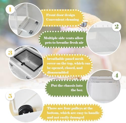 PINVNBY Plastic Reptile Feeding Box with Wheels,Reptiles Breeding Enclosure Cages Transparent Amphibians Habitat Terrarium Tank Portable Transport Container for Lizard,Bearded Dragon(White)