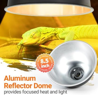 8.5 Inch Reptile Light Fixture with Dimming/Separate Switches, 2 Packs Deep Dome Lamp Cap Reflector Cover, UVB Light Heat Lamp Fixture for Reptile Glass Terrariums, Max 150W Black