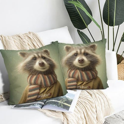 InkRain Winter Animal Cute Raccoon Pillow Cover 16x16 Inch Set of 2 Home Decor Decorative Cotton Linen Illustration Pillowcases for Living Room House Sofa