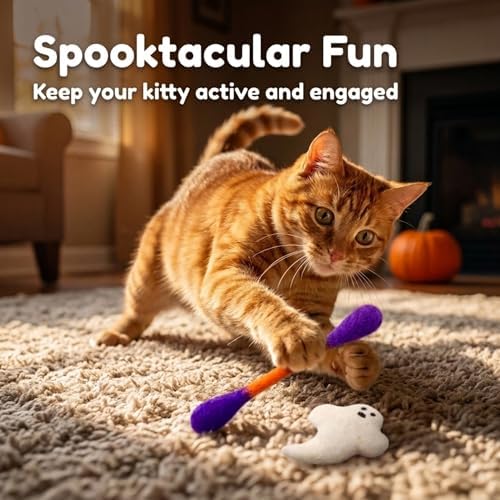 Glaciart One Halloween Cat Toys with Catnip – 7 Pack Felt Swab Cat Toys + Ghost Toy, Interactive Wool Cat Toys for Indoor Cats & Kittens, Handmade Natural Catnip Toys for Chase, Chew & Play