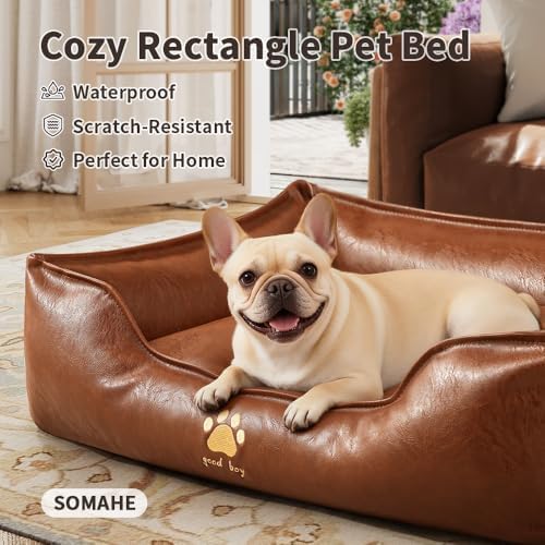 SOMAHE Waterproof Leather Dog Bed, Bolster Couch, 24x19x9 Grey