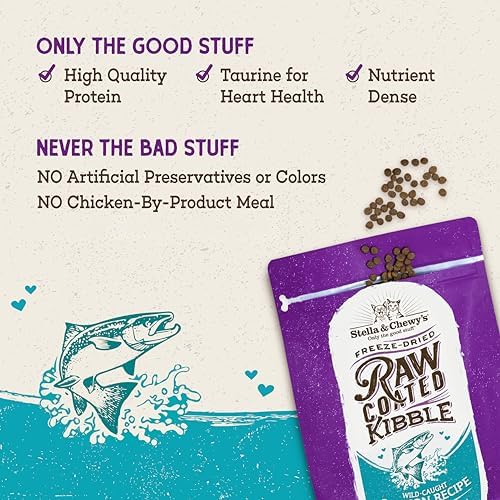 Stella & Chewy's Raw Coated Cat Food - High Protein, Grain-Free Kibble with Wild-Caught Salmon - Premium Digestive Support with Probiotics - Natural Small Kibble - Perfect for Picky Eaters - 5 lb Bag
