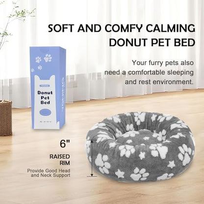 Round Cat Beds for Indoor Cats, Small Donut Dog Beds, Grey, 20"